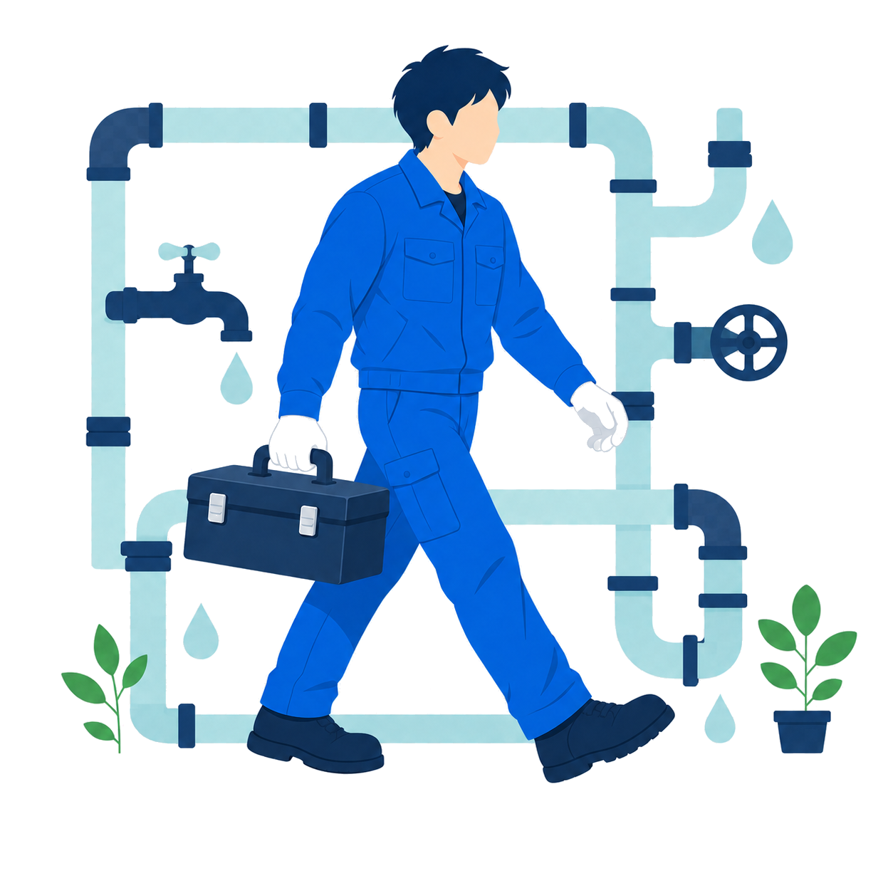 水道管と工具箱を持って現場へ向かう設備スタッフのイラスト