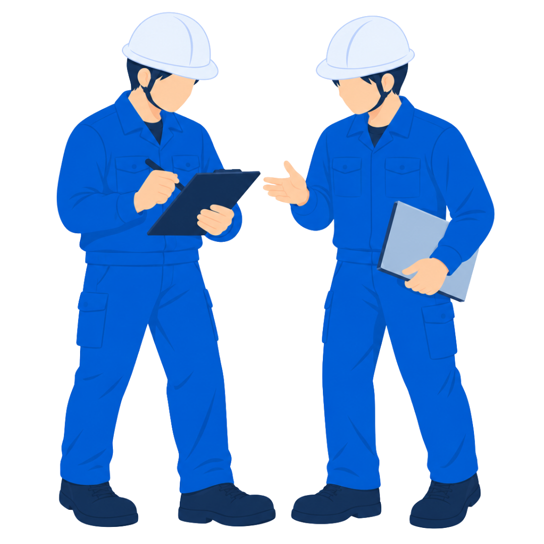 意見を交わす設備スタッフのイラスト