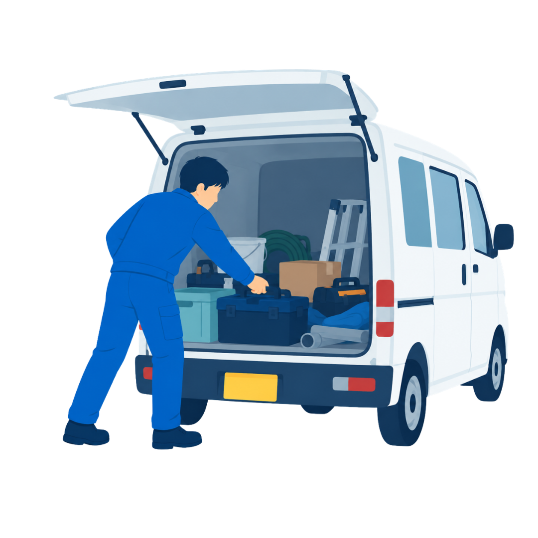 仕事を終え、社用車へ工具を収めるスタッフのイラスト