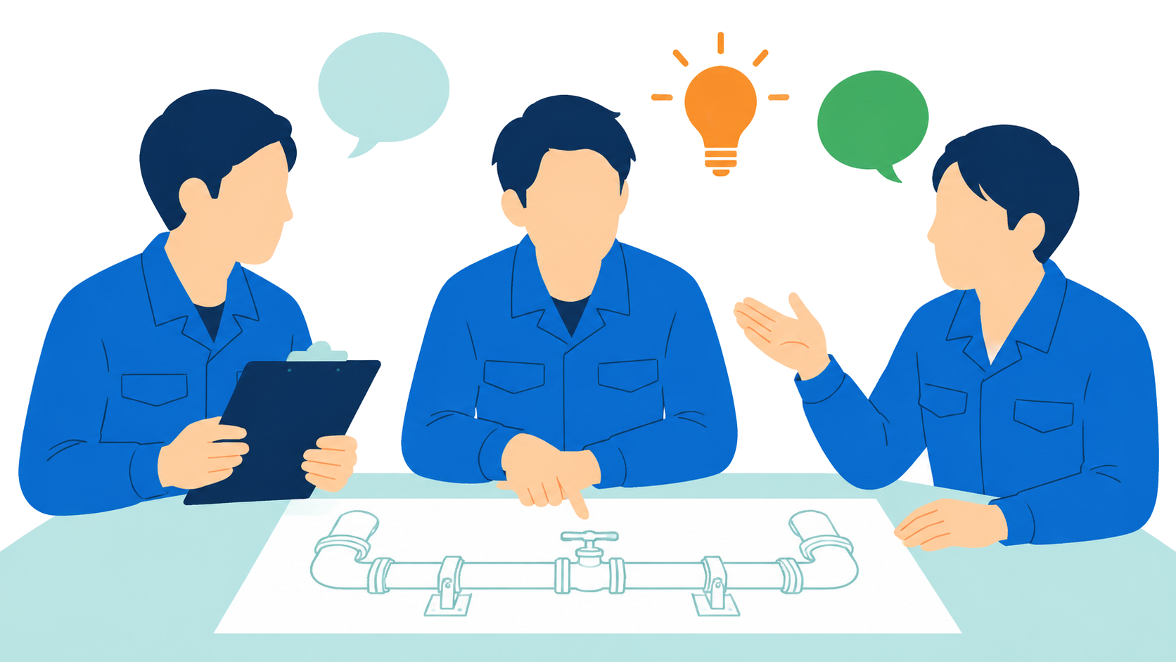 意見を交わす設備スタッフのイラスト